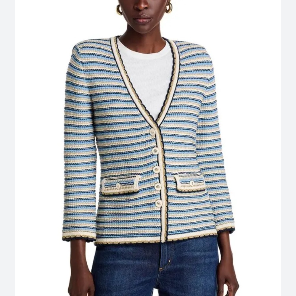 Veronica Beard Striped Knit V-Neck Blazer in Blue and Cream